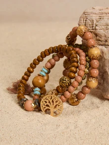 Tropiscape 4pcs/Set Bohemian Tree Charm Tassel Coffee Brown Beaded Bracelet For Women For Summer Vacation Travel Beach Party