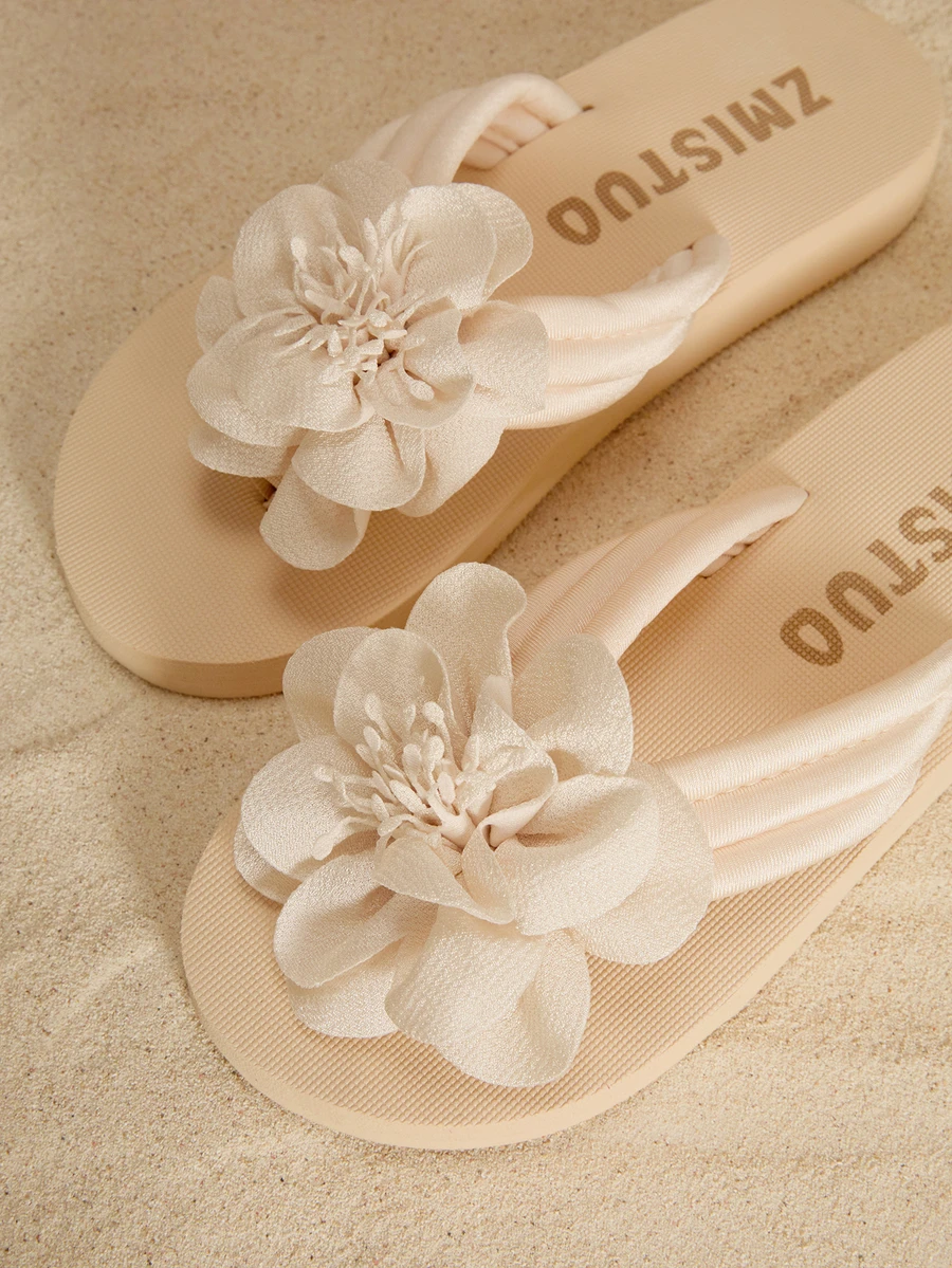 Tropiscape Dép xỏ ngón đi biển đế dày thời trang mới mùa hè 2025 dành cho nữ, họa tiết hoa (Vui lòng đặt hàng lớn hơn một cỡ nếu bạn có bàn chân rộng!) - Màu be - Xem 1