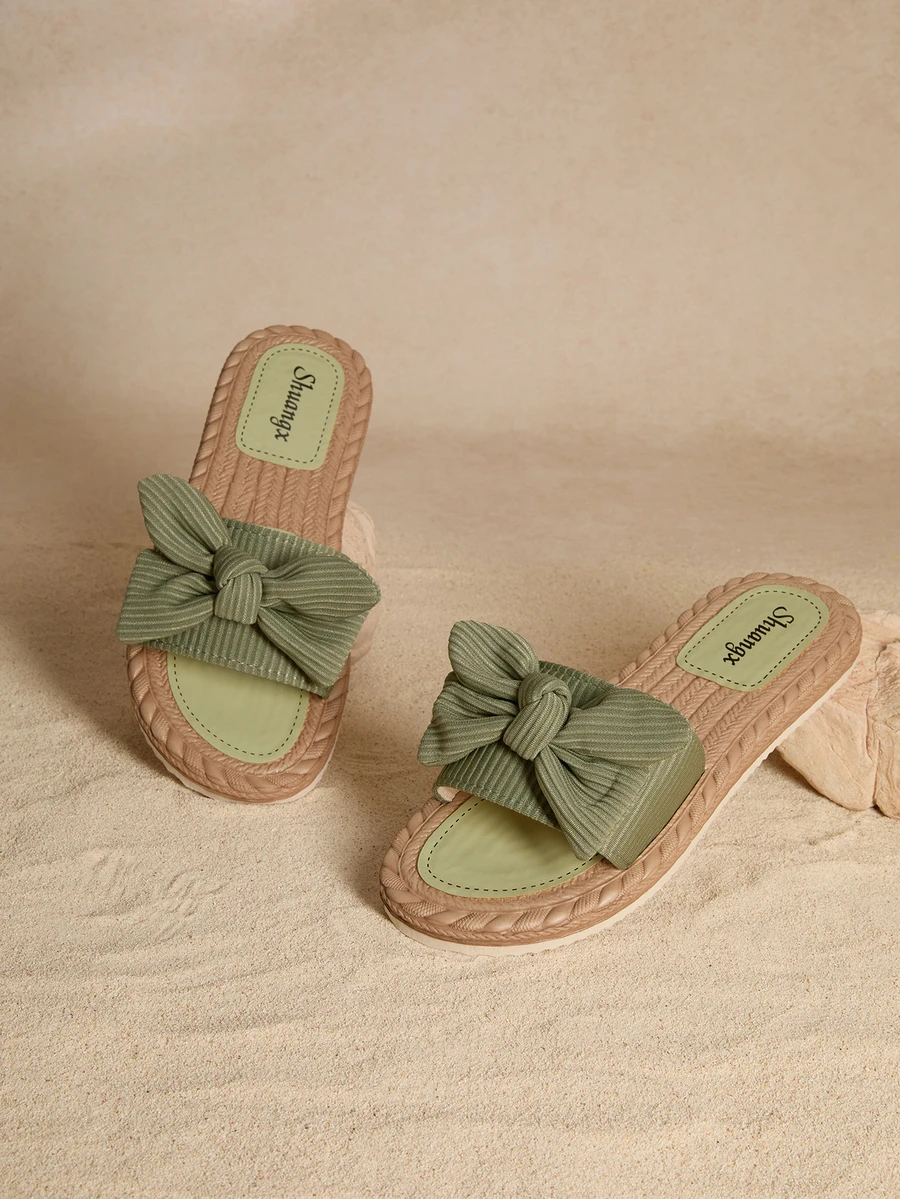 Tropiscape 女士蝴蝶结装饰平底凉鞋，轻便夏季拖鞋，防滑女士沙滩鞋 - 綠色 - 查看 1