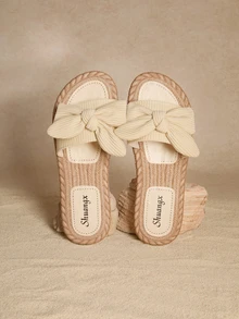 Tropiscape Women Bow Decor Flat Sandals, Lightweight Summer Slippers, Non-Slip Ladies Beach Shoes Cottagecore,SummerOutfit - Beige - View 2