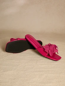 Tropiscape 1 双女士花卉印花平底凉鞋，可爱装饰一脚蹬海滩派对和休闲平底鞋，适合夏季和春秋季 - 玫紅色 - 查看 5
