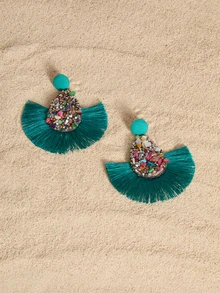 Tropiscape Round Tassel Drop Earrings Cottagecore,SummerOutfit - Blue - View 4