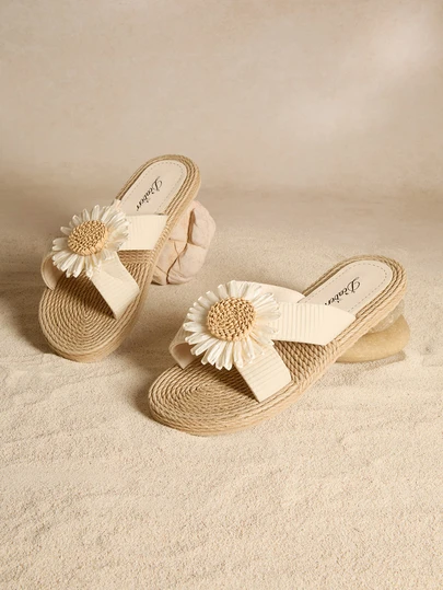 Tropiscape 新款春夏女式花卉拖鞋，經典米色向日葵圖案，優雅輕盈，適合戶外海灘