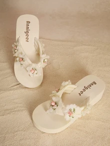 Tropiscape Spring/Summer Women's EVA Platform Wedge Flip Flops, Chinese Style Floral Tassel Bohemian Beach Slides - Beige - View 1