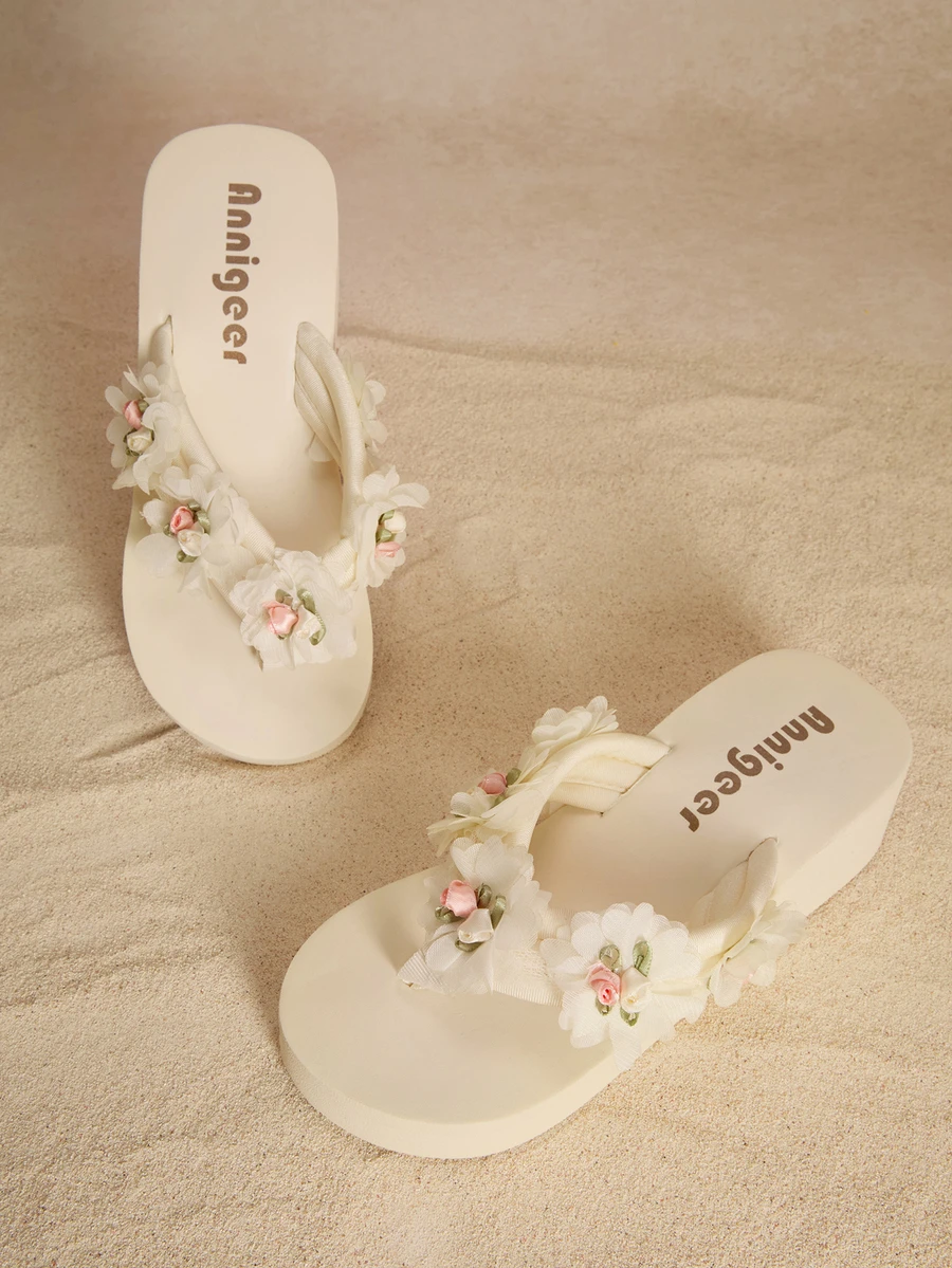 Tropiscape Spring/Summer Women's EVA Platform Wedge Flip Flops, Chinese Style Floral Tassel Bohemian Beach Slides - Beige - View 1