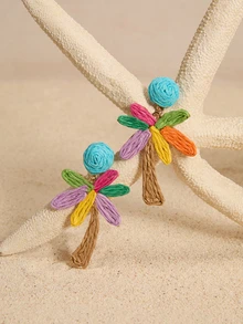 Tropiscape 1 Pair Handmade Woven Raffia Palm Tree Earrings, Boho Tropical Beach Style, Suitable For Women Daily, Vacation, Party Cottagecore,SummerOutfit - Color - View 1