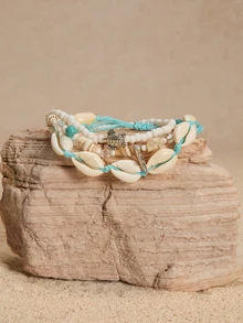 Tropiscape 3pcs/Set Ocean Themed Turtle, Seashell, Starfish & Beaded Bracelets For Women, Stylish Beach Wear Accessories In Summer Cottagecore,SummerOutfit - Multicolor - View 1