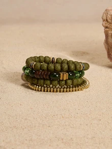 Tropiscape 4pcs Green Tassel & Wing Charm Beaded Bracelet Set - Green - View 4