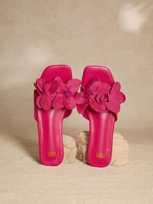 Tropiscape 1 双女士花卉印花平底凉鞋，可爱装饰一脚蹬海滩派对和休闲平底鞋，适合夏季和春秋季 - 玫紅色 - 查看 2