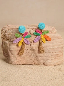 Tropiscape 1 Pair Handmade Woven Raffia Palm Tree Earrings, Boho Tropical Beach Style, Suitable For Women Daily, Vacation, Party Cottagecore,SummerOutfit - Color - View 3