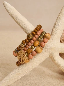 Tropiscape 4pcs/Set Bohemian Tree Charm Tassel Coffee Brown Beaded Bracelet For Women For Summer Vacation Travel Beach Party