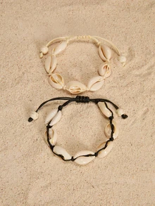 Tropiscape 2pcs/Set Beach Adjustable Shell Bracelets For Women, Bohemian Bracelets For Best Friends Or Couples Cottagecore,SummerOutfit - Multicolor - View 4