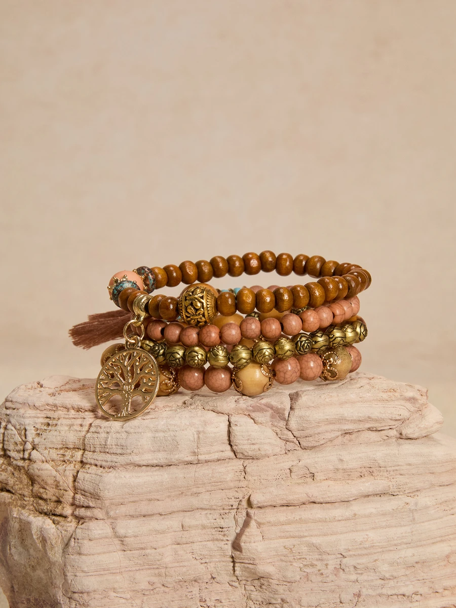 Tropiscape 4pcs/Set Bohemian Tree Charm Tassel Coffee Brown Beaded Bracelet For Women For Summer Vacation Travel Beach Party