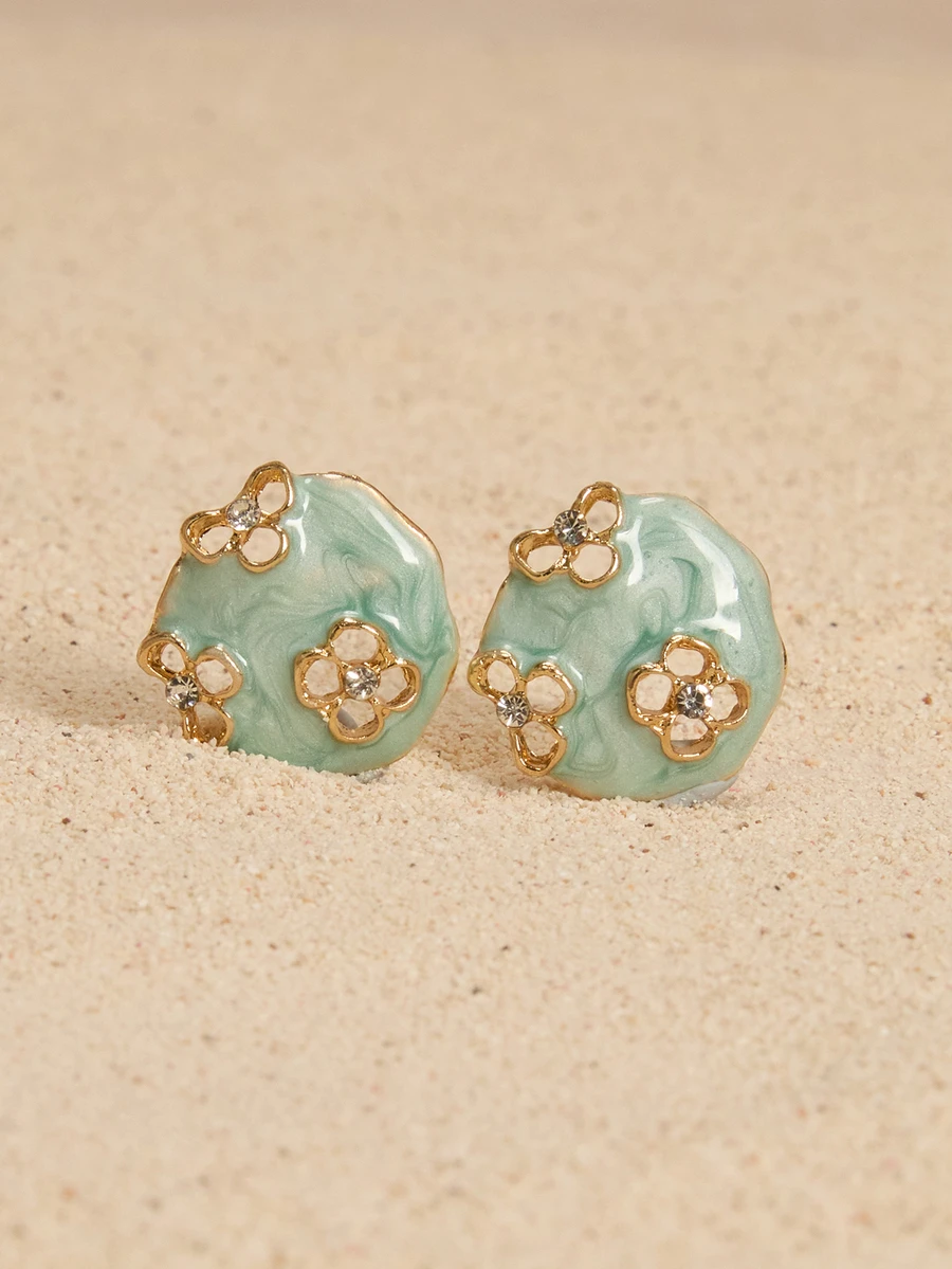 Tropiscape 1 Pair Exquisite French Retro Glazed Floral Exaggerated Earrings, Aphrodite Garden, Niche High-End Vacation Style Earrings, Blue Hollow Flower Stud Earrings