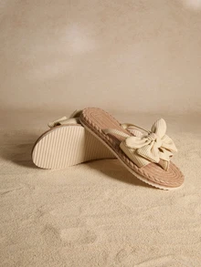 Tropiscape Women's Bow Decor Flat Sandals, Lightweight Summer Flip Flops, Non-Slip Ladies Beach Shoes, Comfortable Indoor/Outdoor Women Slippers, Slip-On Women Mules Cottagecore,SummerOutfit - Beige - View 5