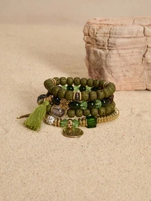Tropiscape 4pcs Green Tassel & Wing Charm Beaded Bracelet Set - Green - View 2