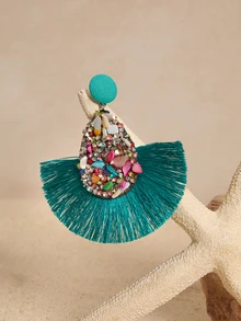 Tropiscape Round Tassel Drop Earrings Cottagecore,SummerOutfit - Blue - View 5