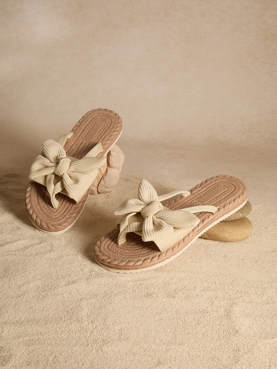 Tropiscape Women's Bow Decor Flat Sandals, Lightweight Summer Flip Flops, Non-Slip Ladies Beach Shoes, Comfortable Indoor/Outdoor Women Slippers, Slip-On Women Mules Cottagecore,SummerOutfit - Beige - View 1