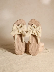 Tropiscape Women's Bow Decor Flat Sandals, Lightweight Summer Flip Flops, Non-Slip Ladies Beach Shoes, Comfortable Indoor/Outdoor Women Slippers, Slip-On Women Mules Cottagecore,SummerOutfit - Beige - View 3