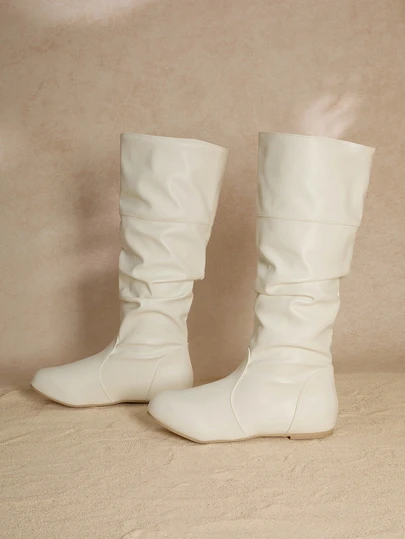 Tropiscape 女式过膝中筒靴，新款秋冬百褶靴，时尚百搭纯色休闲靴，西式女靴