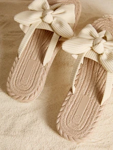 Tropiscape Women's Bow Decor Flat Sandals, Lightweight Summer Flip Flops, Non-Slip Ladies Beach Shoes, Comfortable Indoor/Outdoor Women Slippers, Slip-On Women Mules Cottagecore,SummerOutfit - Beige - View 4