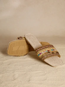 Tropiscape Brown Ladies Sandals, Summer Women Flat Slippers, Multi-Color Knitted Tassel Embroidered Flat Sandals, Retro Slippers, Fashion Sexy Chain Decor Beach Shoes, Outdoor Woven Random Slippers Cottagecore,SummerOutfit - Brown - View 5