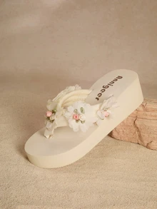 Tropiscape Spring/Summer Women's EVA Platform Wedge Flip Flops, Chinese Style Floral Tassel Bohemian Beach Slides - Beige - View 5