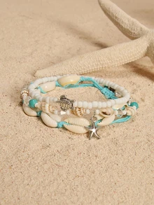 Tropiscape 3pcs/Set Ocean Themed Turtle, Seashell, Starfish & Beaded Bracelets For Women, Stylish Beach Wear Accessories In Summer Cottagecore,SummerOutfit - Multicolor - View 2