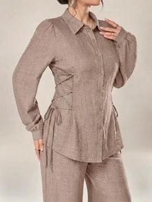 女士休闲长袖衬衫套装（含收腰衬衫和长裤），四季皆宜 - 卡其色 - 查看 3