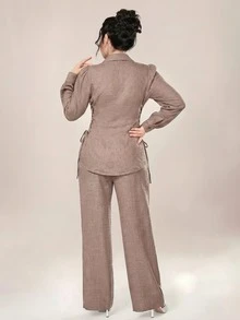 女士休闲长袖衬衫套装（含收腰衬衫和长裤），四季皆宜 - 卡其色 - 查看 2