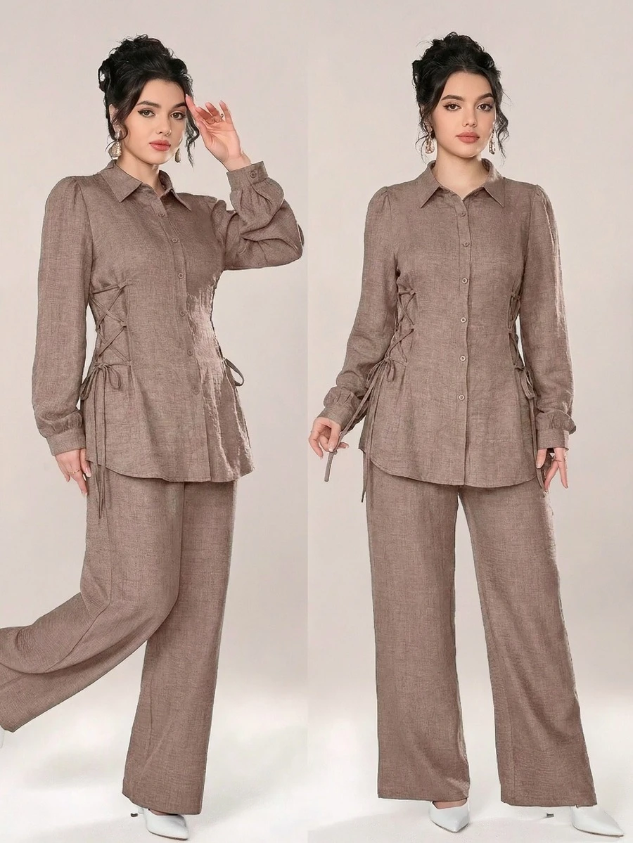 女士休闲长袖衬衫套装（含收腰衬衫和长裤），四季皆宜 - 卡其色 - 查看 1