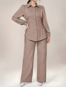 女士休闲长袖衬衫套装（含收腰衬衫和长裤），四季皆宜 - 卡其色 - 查看 5