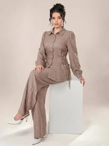 女士休闲长袖衬衫套装（含收腰衬衫和长裤），四季皆宜 - 卡其色 - 查看 6