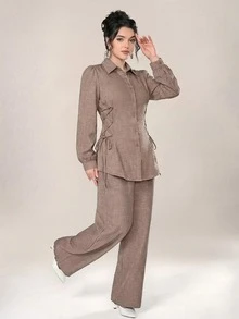 女士休闲长袖衬衫套装（含收腰衬衫和长裤），四季皆宜 - 卡其色 - 查看 4