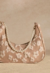 Tropiscape Fashionable Pearl Chain Strap Shoulder Bag With Floral Pattern For Women, Tready Crescent Moon Bag For Women Cottagecore,SummerOutfit - Khaki - View 5