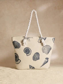 Tropiscape Bolso de mano de gran capacidad con estampado de conchas y estrellas de mar, bolso escolar, gran capacidad, portátil, para adolescentes, mujeres, estudiantes universitarios, trabajadores de cuello blanco, perfecto para el trabajo, vuelta al colegio, escuela secundaria, universidad, vacaciones, estilo cottage, atuendo de verano - Azul y blanco - Ver 6