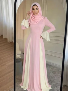 Women's Solid Color Chiffon Waist Ruffle Hem Elegant Sleeve Arabic Style Dress - Pink - View 2