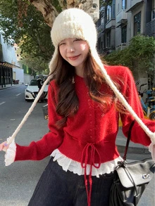 女士红色针织毛衣，韩式设计，荷叶边饰边和领带，长袖套头衫，秋冬 - 紅色 - 查看 1