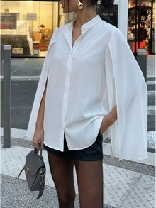 白色披肩袖纽扣衬衫 | 宽松版型上衣，适合办公室和早午餐场合 - 白色 - 查看 1