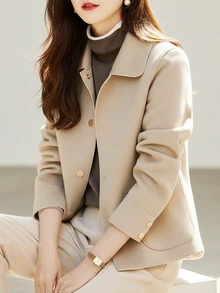 时尚简约女士翻领单排扣高品质短款羊毛大衣，休闲宽松纯色长袖复古优雅风格，搭配时尚衬衫，女士冬季羊毛大衣套装