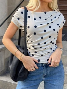 Off White Polka Dot Boat Neck Top | Ruched Slim Fit Crop Top For Date & Brunch - White - View 2