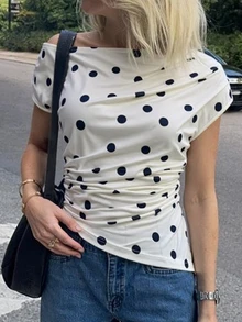 Off White Polka Dot Boat Neck Top | Ruched Slim Fit Crop Top For Date & Brunch - White - View 3