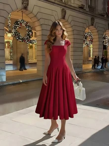 女款純色公主領開衩性感優雅時尚情人節婚禮宴會度假洋裝 紅色 - 紅色 - 查看 4