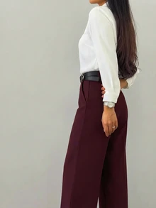 Plain Button & Zipper Office Formal Trousers - Burgundy - View 6