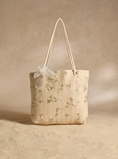 Tropiscape 女士百搭纯色草编托特包，时尚大容量编织腋下包，波西米亚风格小雏菊装饰单肩包，轻便日常通勤购物沙滩包，精致夏季旅行度假手提包