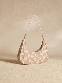 Tropiscape Fashionable Pearl Chain Strap Shoulder Bag With Floral Pattern For Women, Tready Crescent Moon Bag For Women Cottagecore,SummerOutfit - Khaki - View 7