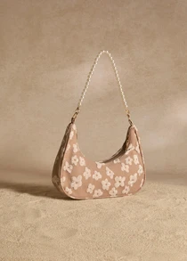Tropiscape Fashionable Pearl Chain Strap Shoulder Bag With Floral Pattern For Women, Tready Crescent Moon Bag For Women Cottagecore,SummerOutfit - Khaki - View 2