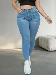 Jeans de talla grande con ajuste delgado, con bolsillos con cremallera y detalles de botones, elásticos y cómodos, pantalones casuales de mujer, primavera - Azul - Ver 4