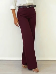 Plain Button & Zipper Office Formal Trousers - Burgundy - View 3