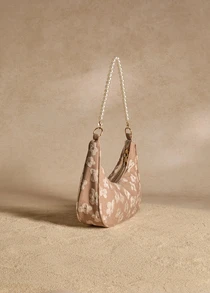 Tropiscape Fashionable Pearl Chain Strap Shoulder Bag With Floral Pattern For Women, Tready Crescent Moon Bag For Women Cottagecore,SummerOutfit - Khaki - View 4